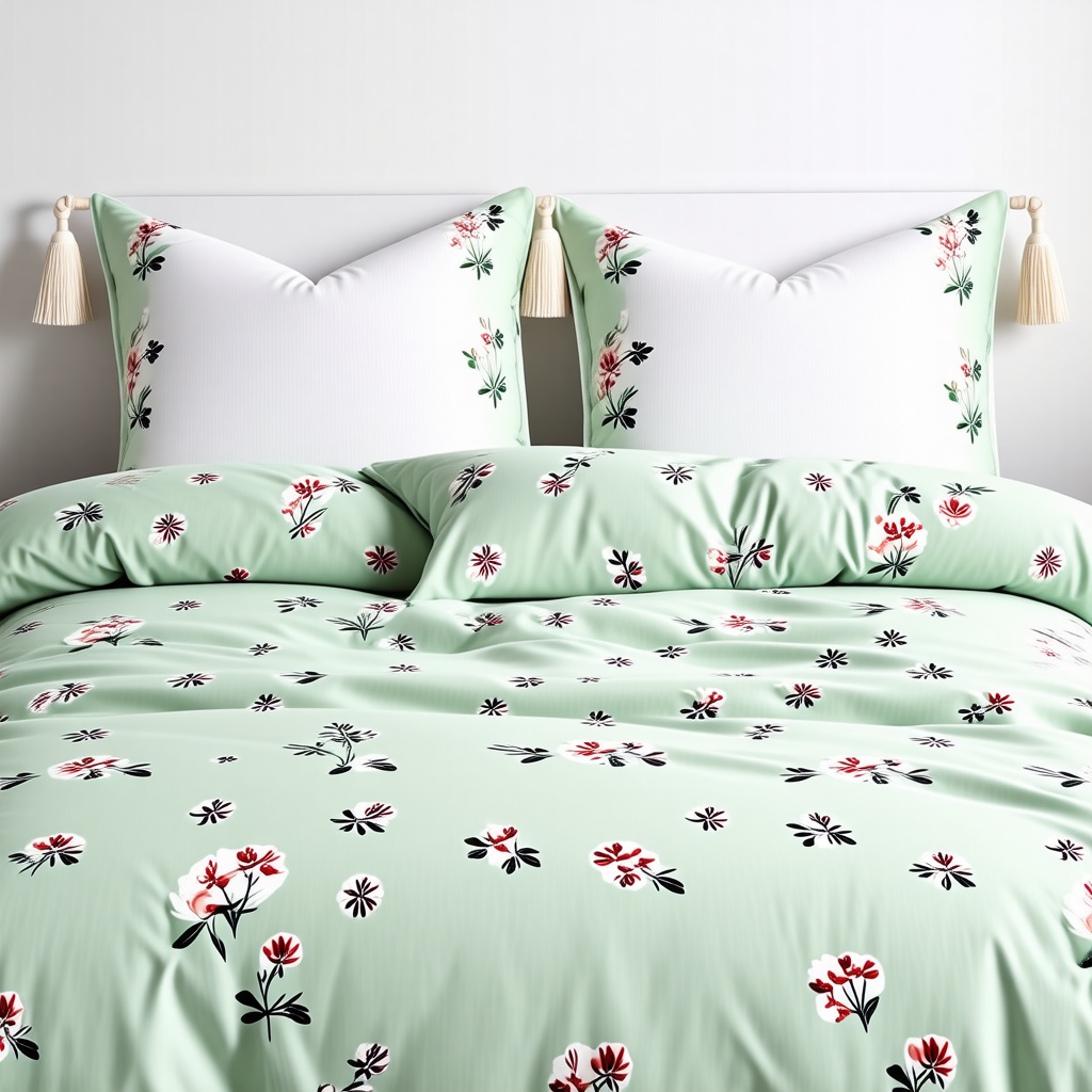 A bed with a light green floral patterned duvet on it and two light green floral patterned pillows and two white pillows with tassels on the corners on it