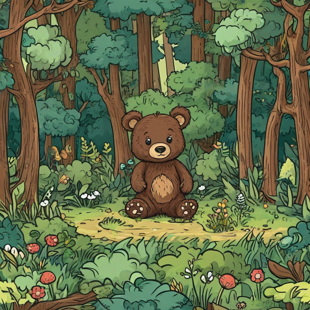 Cartoon baby bear in a cartoon forest