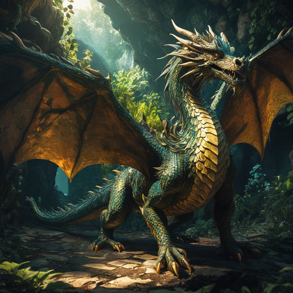 A large, dragon with scales that shimmer like gold in the light, standing in a full-body view with its feet visible, set in a cave covered in vines and plants, in a digital art style with vibrant colors and dynamic shadows, with a wide-angle shot to capture its majestic presence