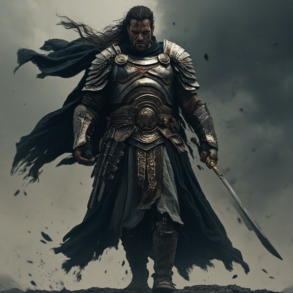 Facial Close up Digital art of a Centurion warrior wearing dramatically billowing robes, the warrior is walking towards the camera, his head is bowed down, deep black accent color, Michael Whelan and Jeremy Mann influenced art styles, intense mood
