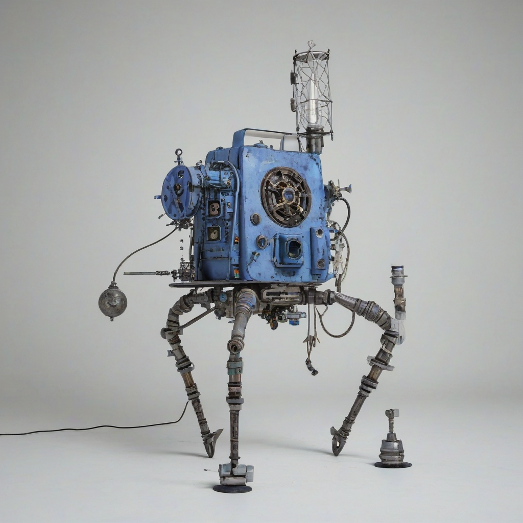 full-body view of periwinkle scientific equipment in a post-apocalyptic setting, wide shot, on a plain white background, on a plain white background, even lighting 