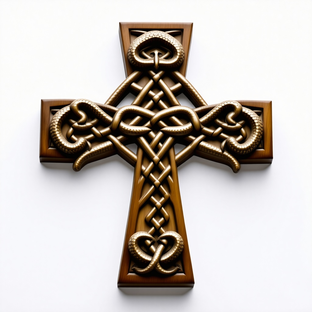 A wooden Celtic knotted cross with serpents decorating the border.