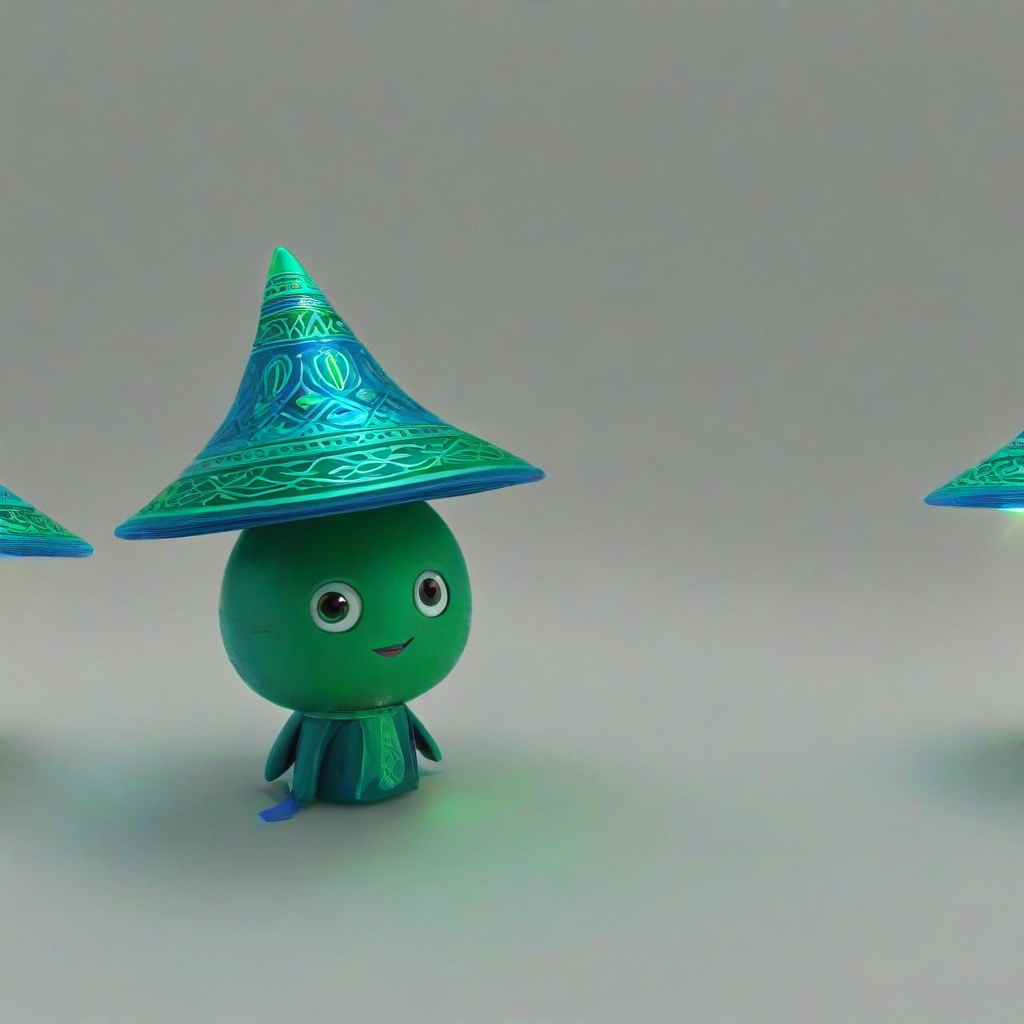 3D animation, cute, mystical creature, short body, rounded features, wearing an emerald green and blue Asian conical hat, bright lighting, on a plain white background, even lighting