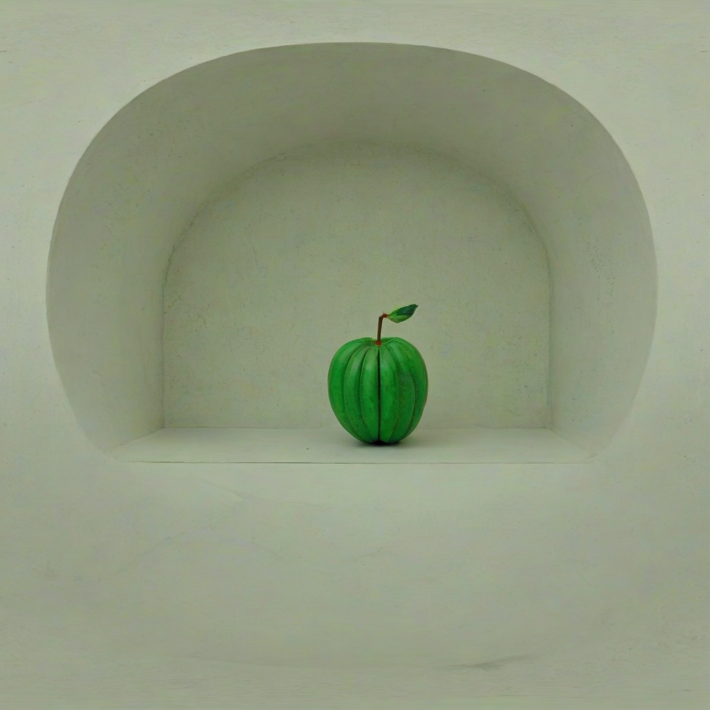 A full-body view of a green, abstract fruit, with a brutalist architectural style background, set against a plain white background, with sharp lines and geometric shapes, and a wide-angle shot to capture the entire fruit
