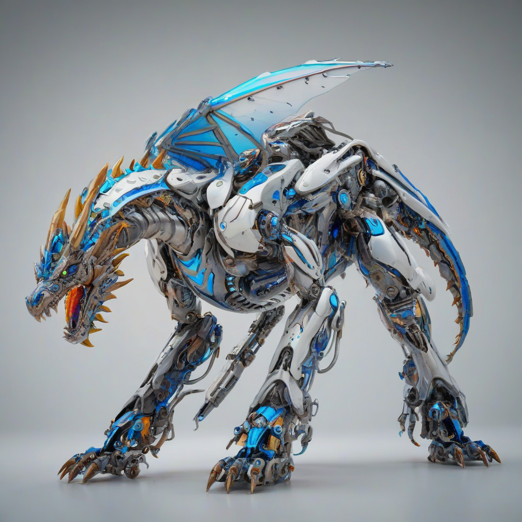 A large, futuristic dragon mecha with metallic scales and glowing blue eyes, standing in a wide shot with its feet visible, set against a plain white background, in a digital art style with bold lines and vibrant colors, with dynamic shadows and a sense of depth, with a focus on intricate mechanical details and textures, on a plain white background, even lighting 