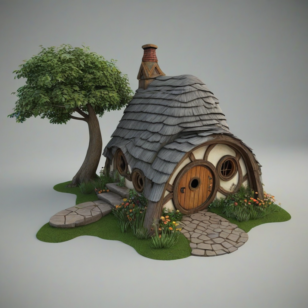 3d animation cartoon style hobbit house, on a plain white background, even lighting