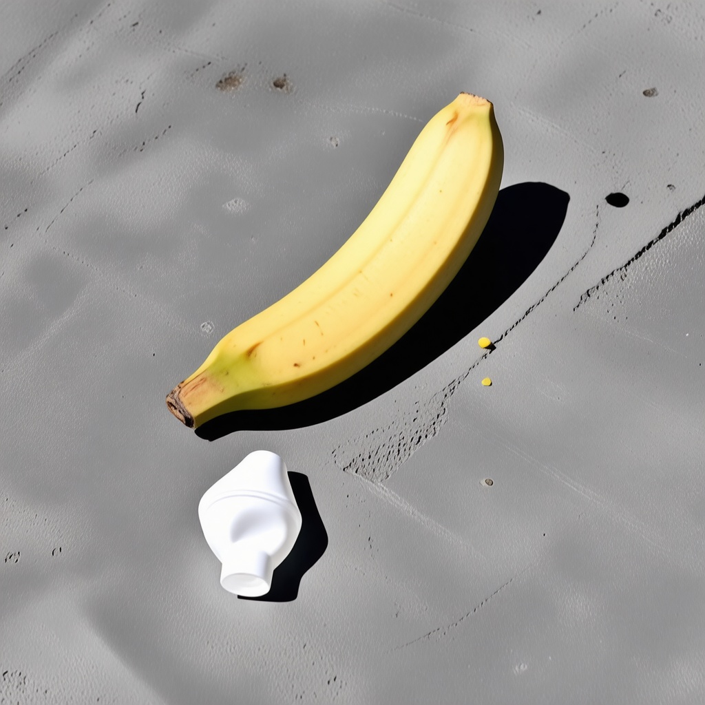 An open banana peel with slightly bruised skin laying on a concrete slab next to a wad of chewed up gum and a discarded plastic cup