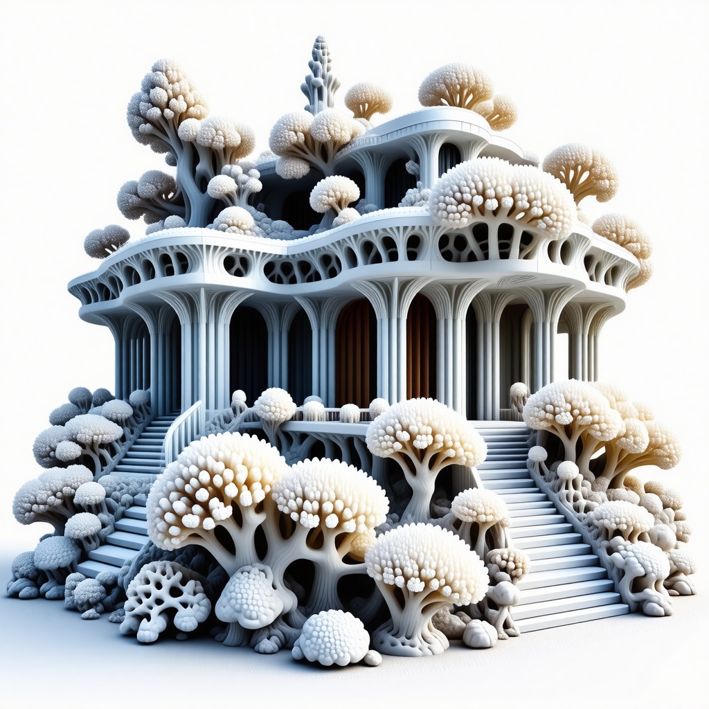 a futuristic building made of coral, concept art, vibrant colors, wide shot, full-body view, plain white background, intricate details, coral patterns, architectural design, dynamic lighting, high-contrast shadows