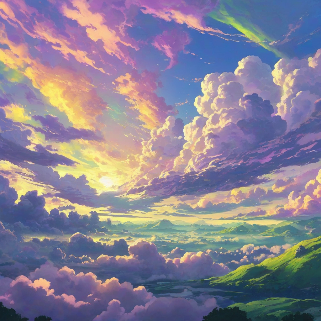 peaceful anime scene of the sky with bright green, purple, and yellow clouds
