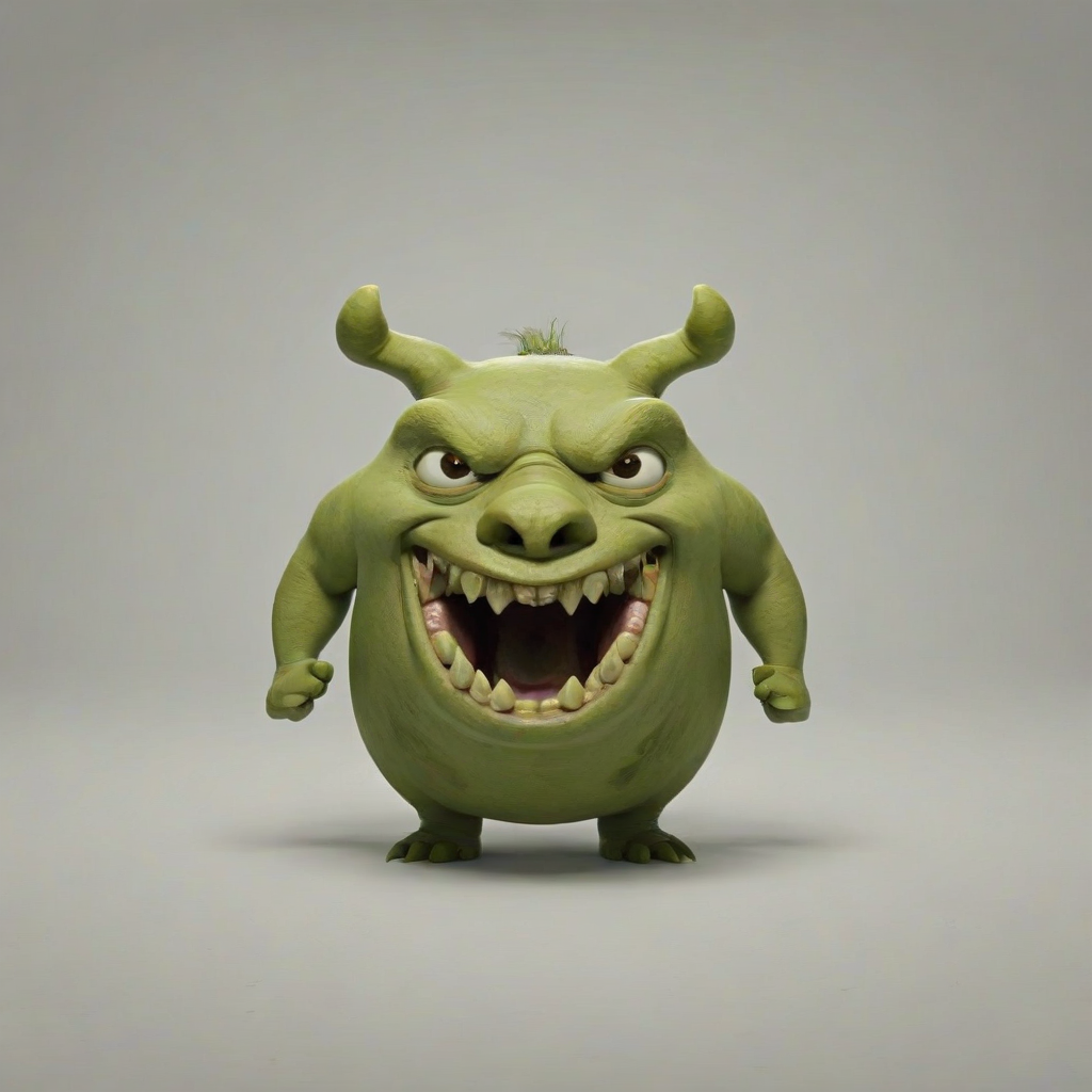 animation style, olive green ogre, with a pig nose, big pointy ears, large fangs, rounded features, kid friendly, on a plain white background, even lighting