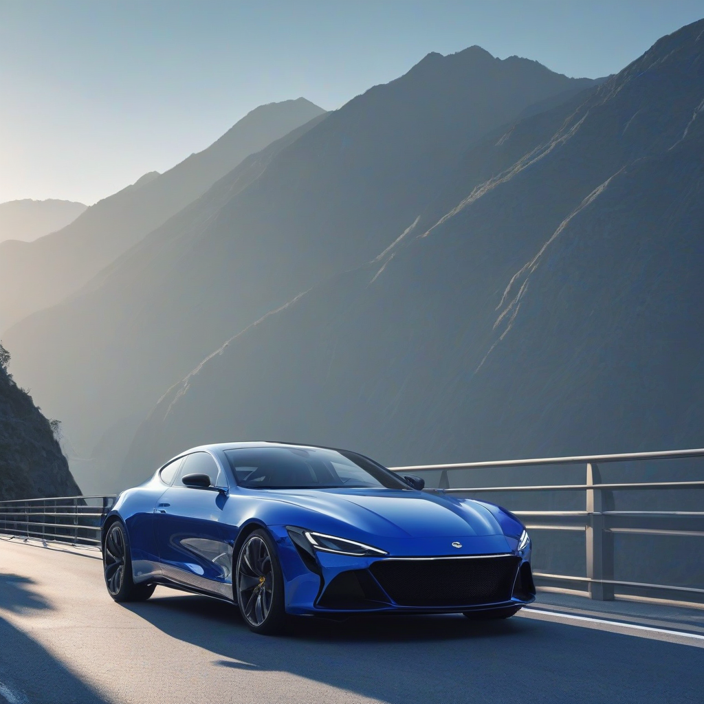 Sleek, cool blue car with shiny metallic finish, on a bridge with mountain background, subtle gradient of light to dark blue hues, dynamic movement, digital art style