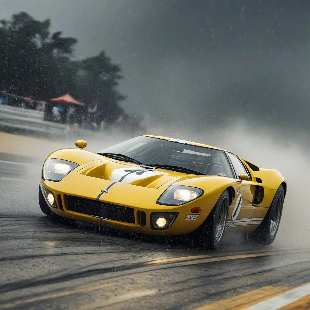 Ford GT40 racing at high speed in yellow and white, detailed Raymond Swanland style, smoke and dust from tires, light rain