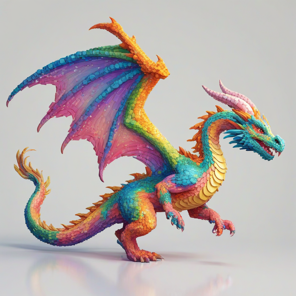 A detailed, colorful, full-body view, wide shot, pixel art style, illustration of a fantasy dragon, with a mix of bright and pastel colors, on a plain white background, with visible feet and claws, in a dynamic pose, with a sense of movement and energy, and intricate details in the scales and wings