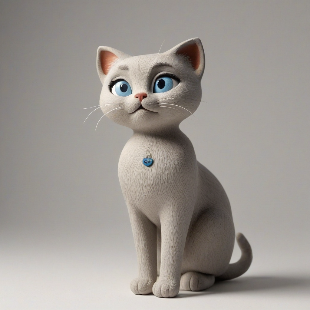 A clay animation style grey cat with a sweet expression and blue eyes, full-body view, on a plain white background, with a warm and cozy atmosphere, soft lighting, and subtle textures to emphasize the clay-like appearance, on a plain white background, even lighting 
