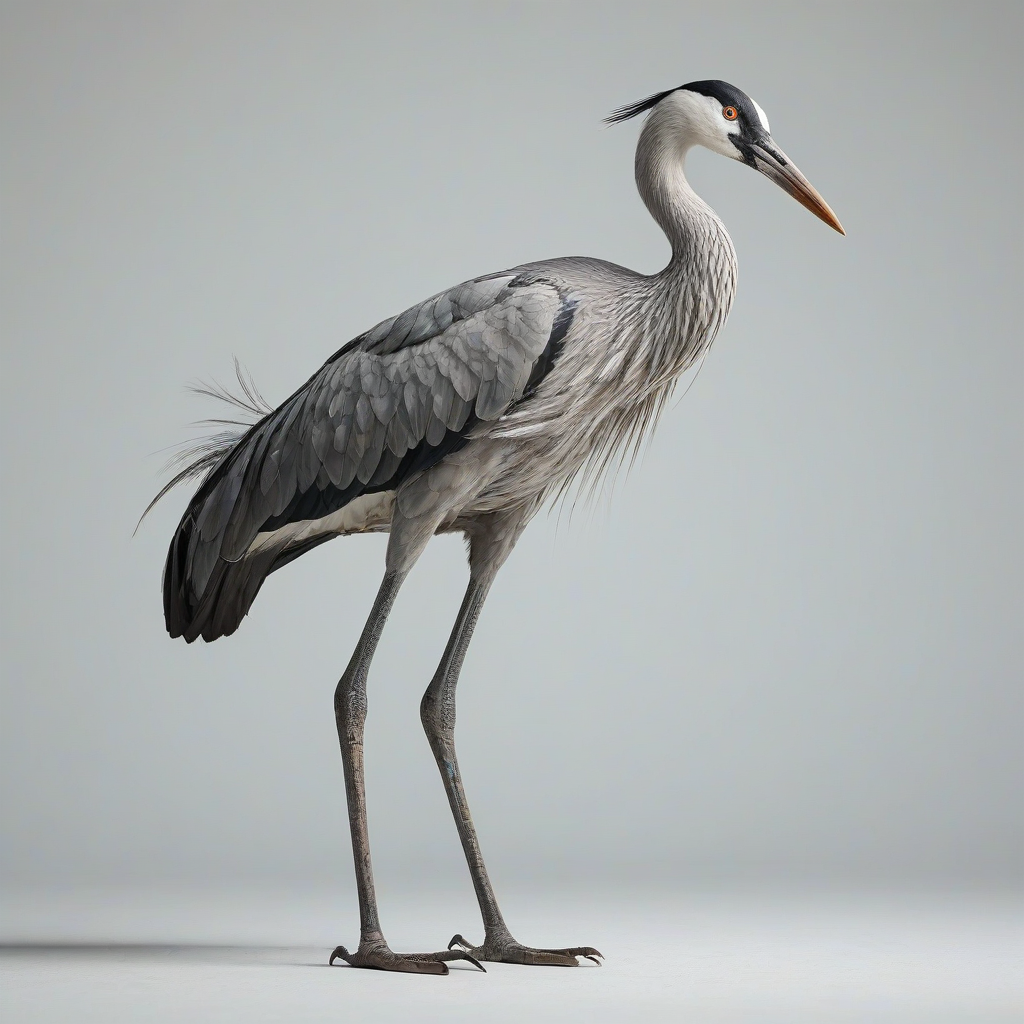 A full-body view of a crane bird with grey and white feathers, standing on a plain white background, with a wide-angle shot, and soft natural lighting in a photorealistic style, on a plain white background, even lighting