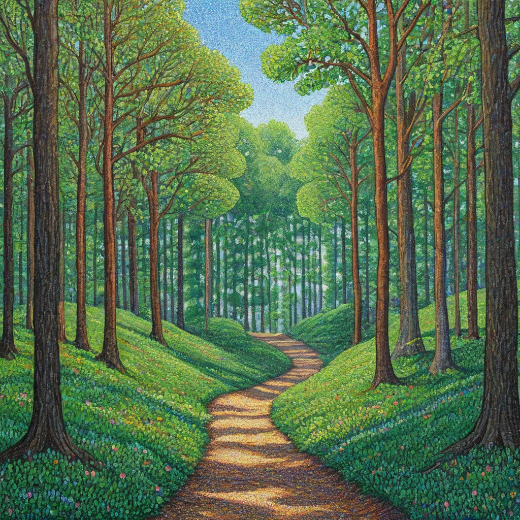 Pointillism of a forest with a path going through the forest