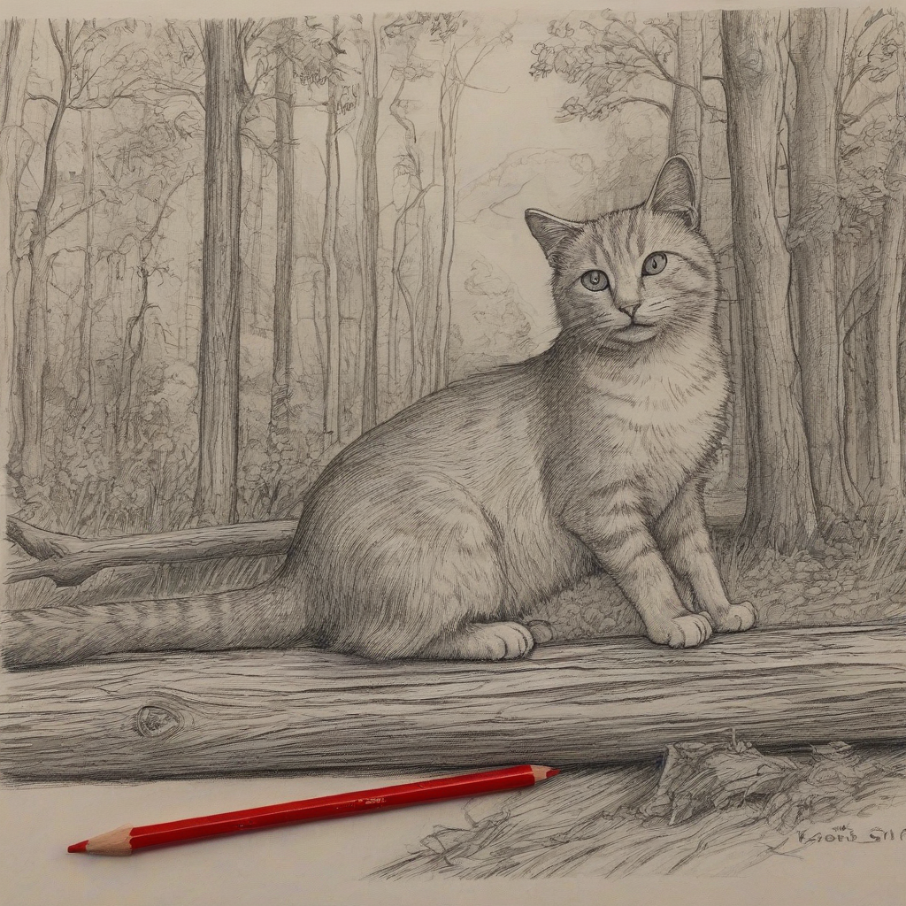 Da Vinci style sketch of a cat on a log with red pencil ink, serene forest background