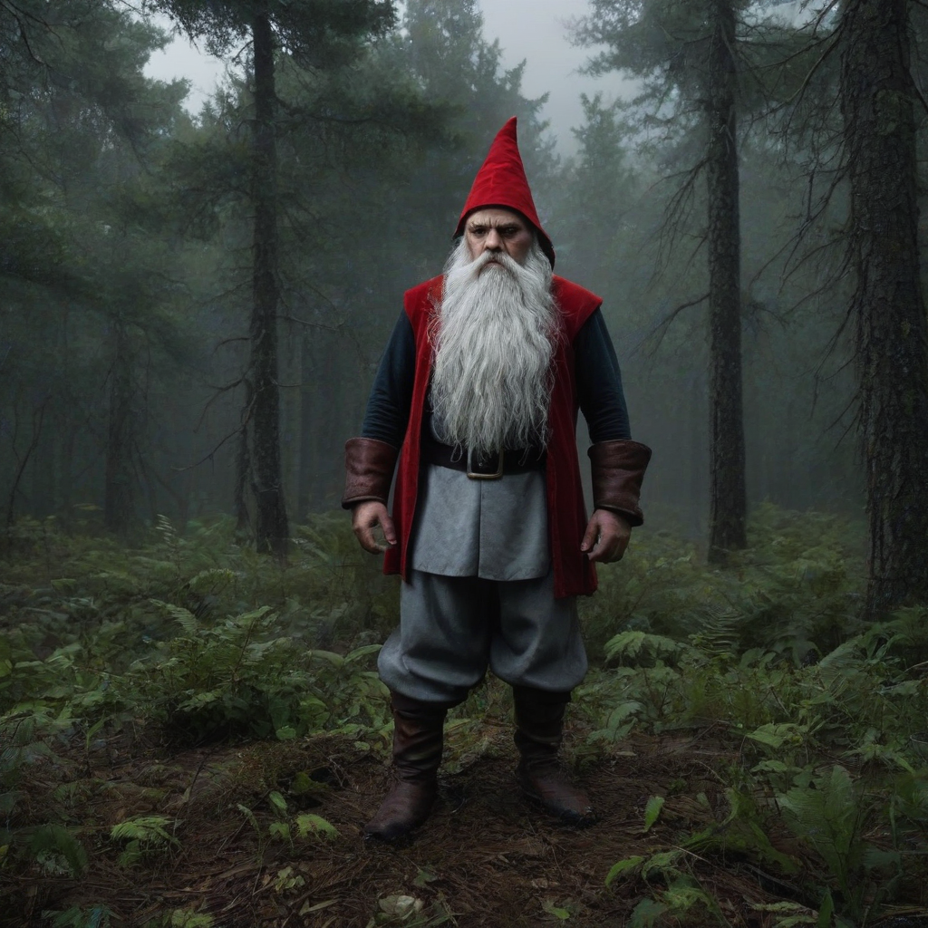 A menacing gnome with a red hat and white beard, standing in a full-body view, with feet visible, in the center of a dense forest with tall trees and overgrown vegetation, under a dark and ominous sky with lightning in the background, photorealistic style, wide shot, plain white background is not suitable, instead, a natural forest floor with leaves and trees, high contrast, dramatic lighting, intense colors
