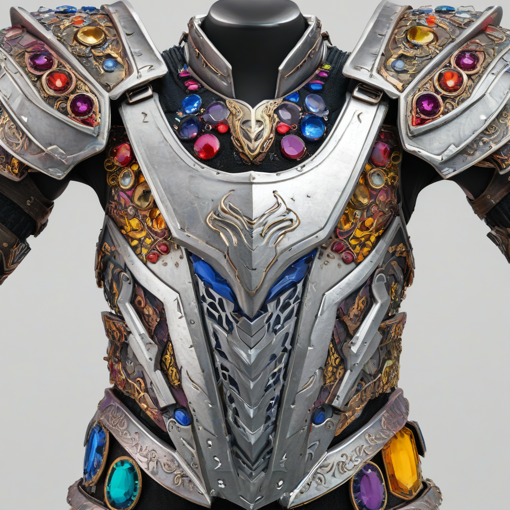 A stylized, chunky piece of body armor with embedded jewels, designed as a fun video game asset, featuring a wide shot with the armor's intricate details and colorful jewels on a plain white background, with a dramatic, muted lighting effect to accentuate its textures and vibrant colors, in a darker, ominous tone, with a masculine aesthetic, angular lines, and bold shapes.