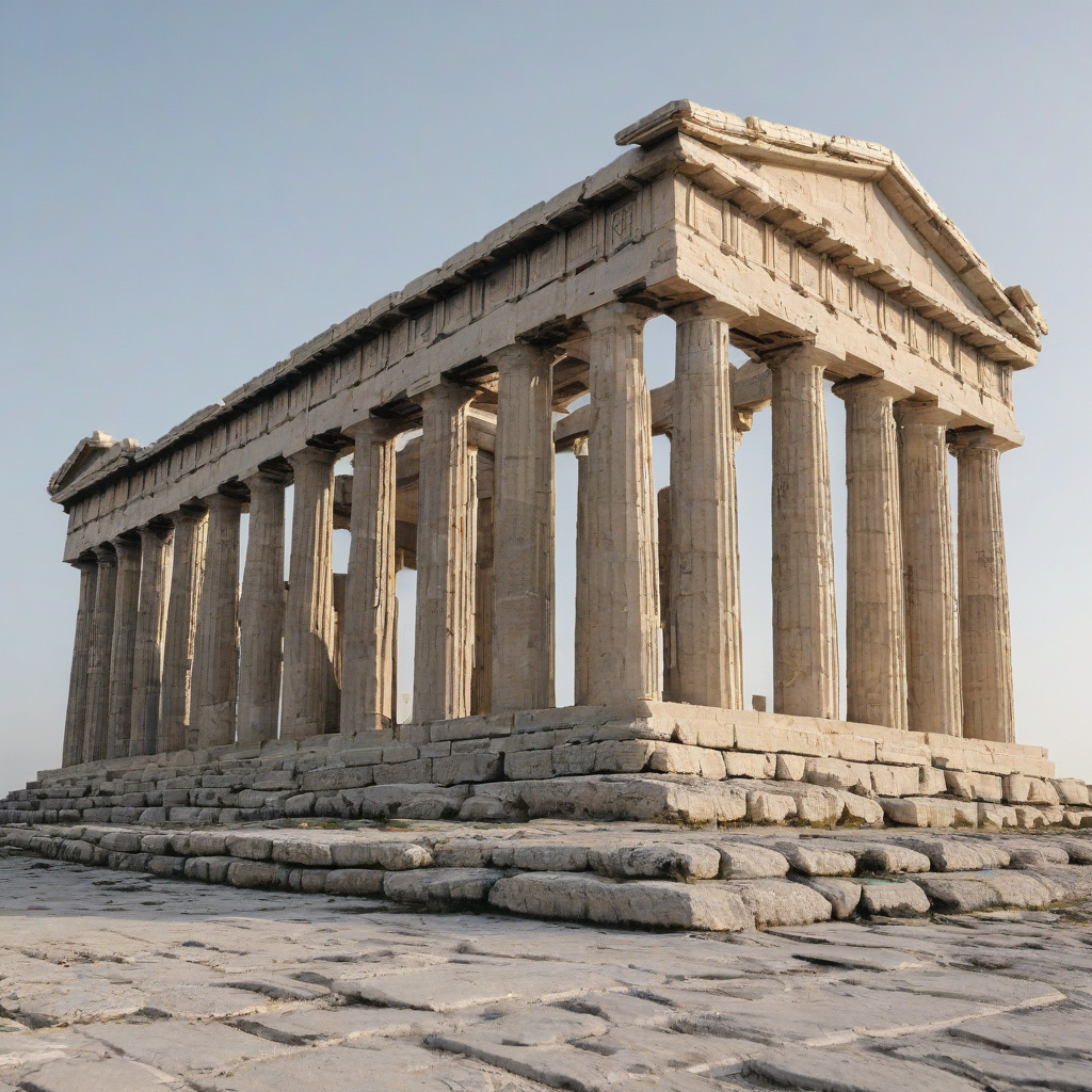 exterior Grecian temple, fully visible, bright lighting, wide angle shot, on a plain white background, even lighting