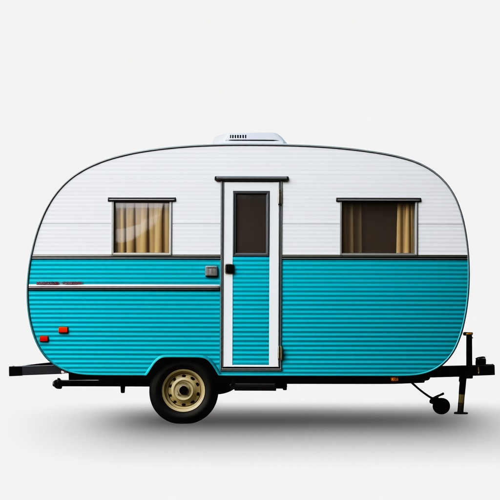 A teal and white antique travel trailer, full-body view, with a wide shot, on a plain white background, in a retro style, with dynamic shadows and a hard rim light, featuring a curved line design and vintage details, with the trailer's doors and windows prominently displayed