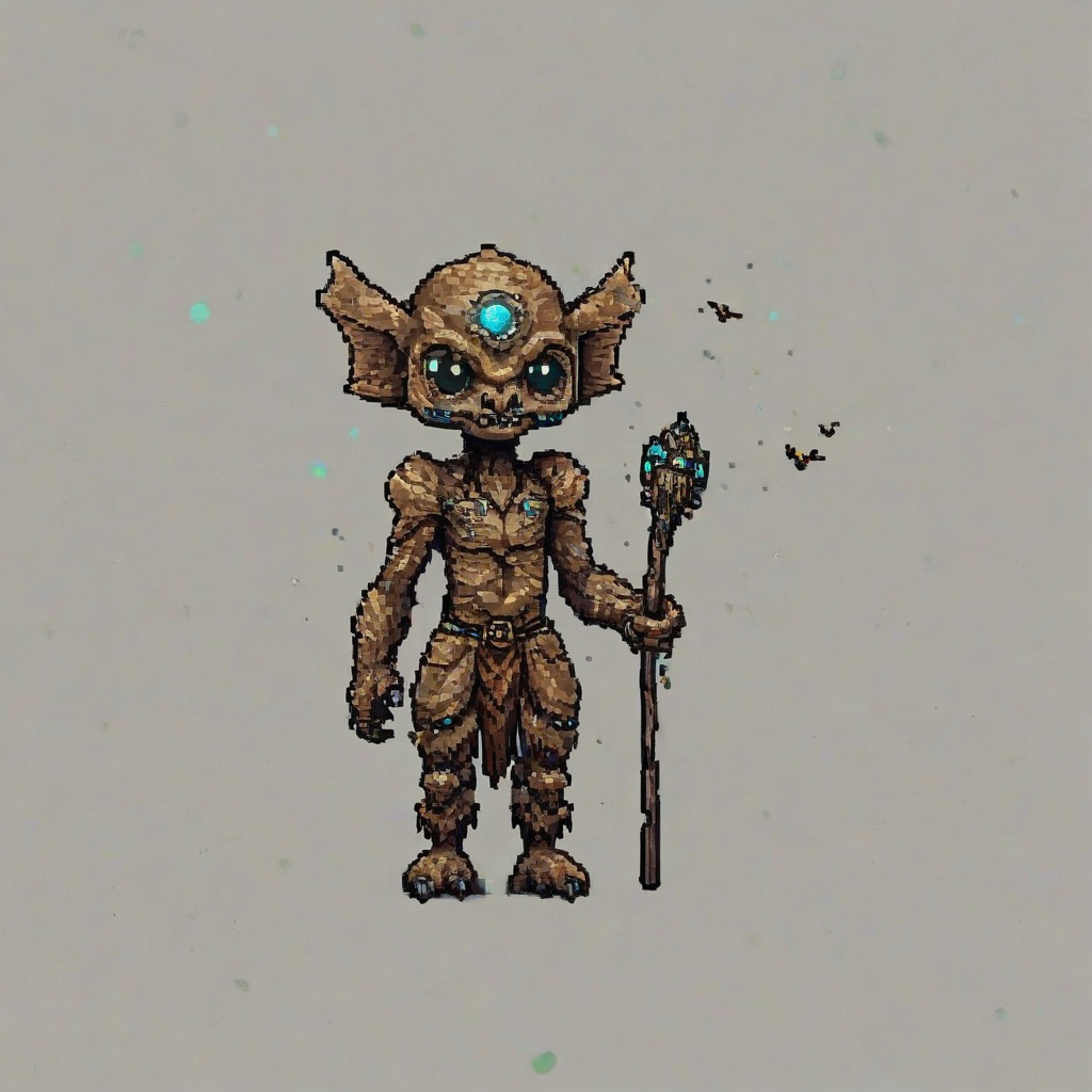 Chibi pixel art style, old sky creature holding a staff, on a plain white background, even lighting