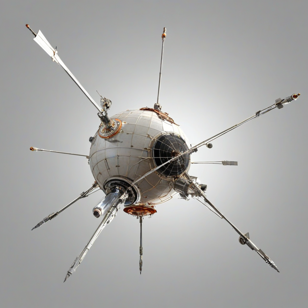 A detailed, full-body view of Sputnik, the Soviet satellite, on a plain white background, with a wide-angle shot, and a hard rim light, in a digital art style, with dynamic shadows, on a plain white background, even lighting 