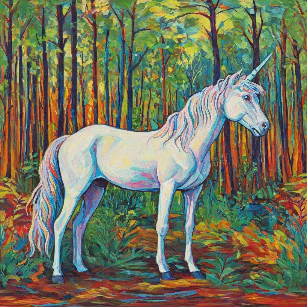 Fauvism style of a unicorn standing in a forest