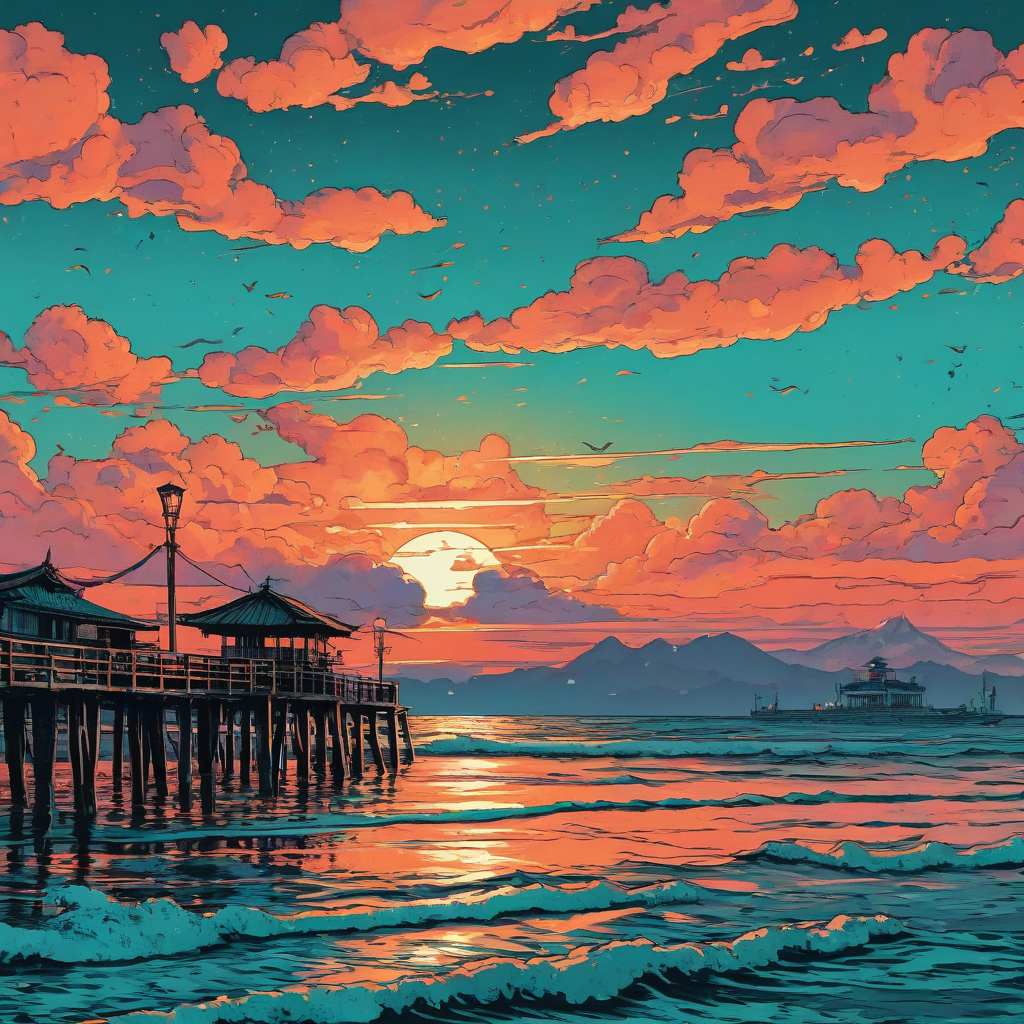 Vintage Synthwave Ukiyo-e sunset over calm turquoise ocean, distressed neon orange and white clouds, old water city in distance, beachfront pier with old lanterns