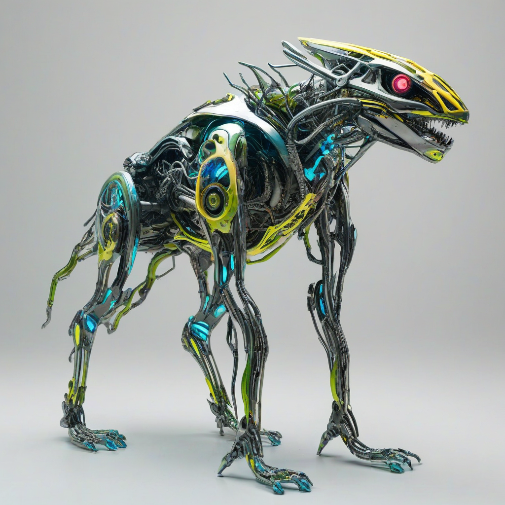 a biomechanical creature, Olive, full-body view, on a plain white background, with a mix of metallic and organic elements, vibrant neon colors, and a futuristic aesthetic, in a wide shot, with dynamic shadows and backlight, in the style of vaporwave art, on a plain white background, even lighting