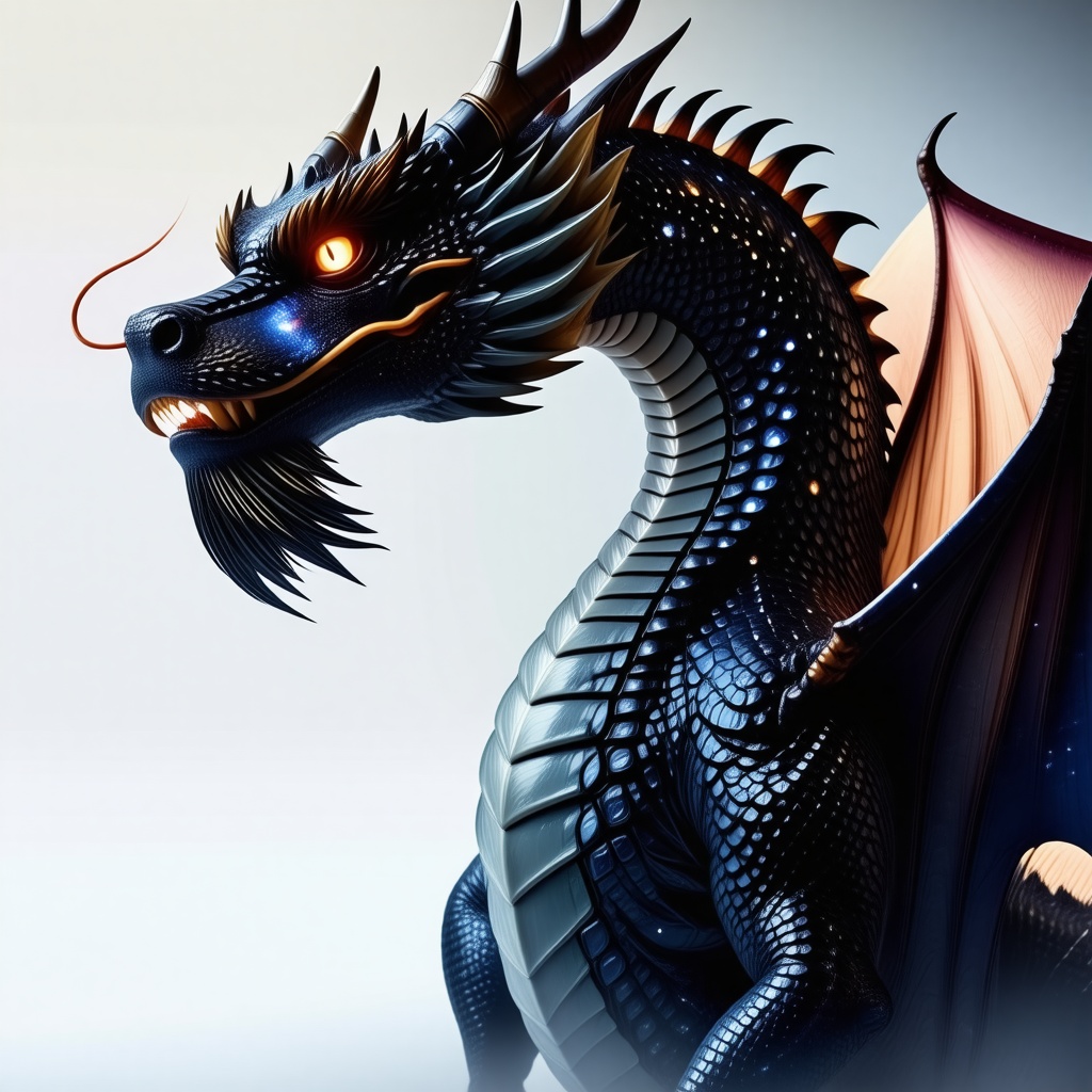 A really cool tall dragon. Its scales look like a galaxy and its eyes are glowing white