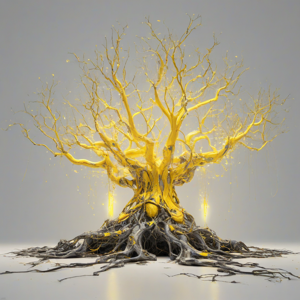 A majestic, vibrant yellow, enchanted tree, with glowing neon accents and metallic leaves, set against a plain white background, in a wide shot with the tree's roots and branches fully visible, in a futuristic, sci-fi style, with a sense of mysticism and wonder, digital art, on a plain white background, even lighting 