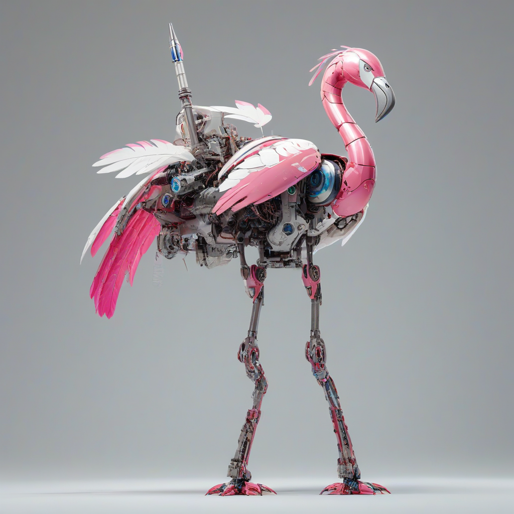 A flamingo mecha, full-body view, standing on a plain white background, with bright pink and white metal feathers, glowing blue eyes, and a powerful rocket propulsion system, in a wide shot, with detailed mechanical legs and sharp metal beak, digital art style, high level of detail, photorealistic, on a plain white background, even lighting 