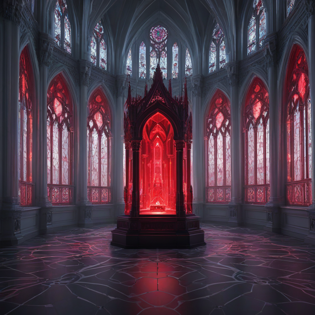 A holographic display in a dark room, emitting a vibrant Crimson glow, with intricate Gothic architectural details, full-body view, wide shot, on a plain white background, with dynamic shadows and a hard rim light, in a digital art style, with a sense of mysticism and luxury, on a plain white background, even lighting