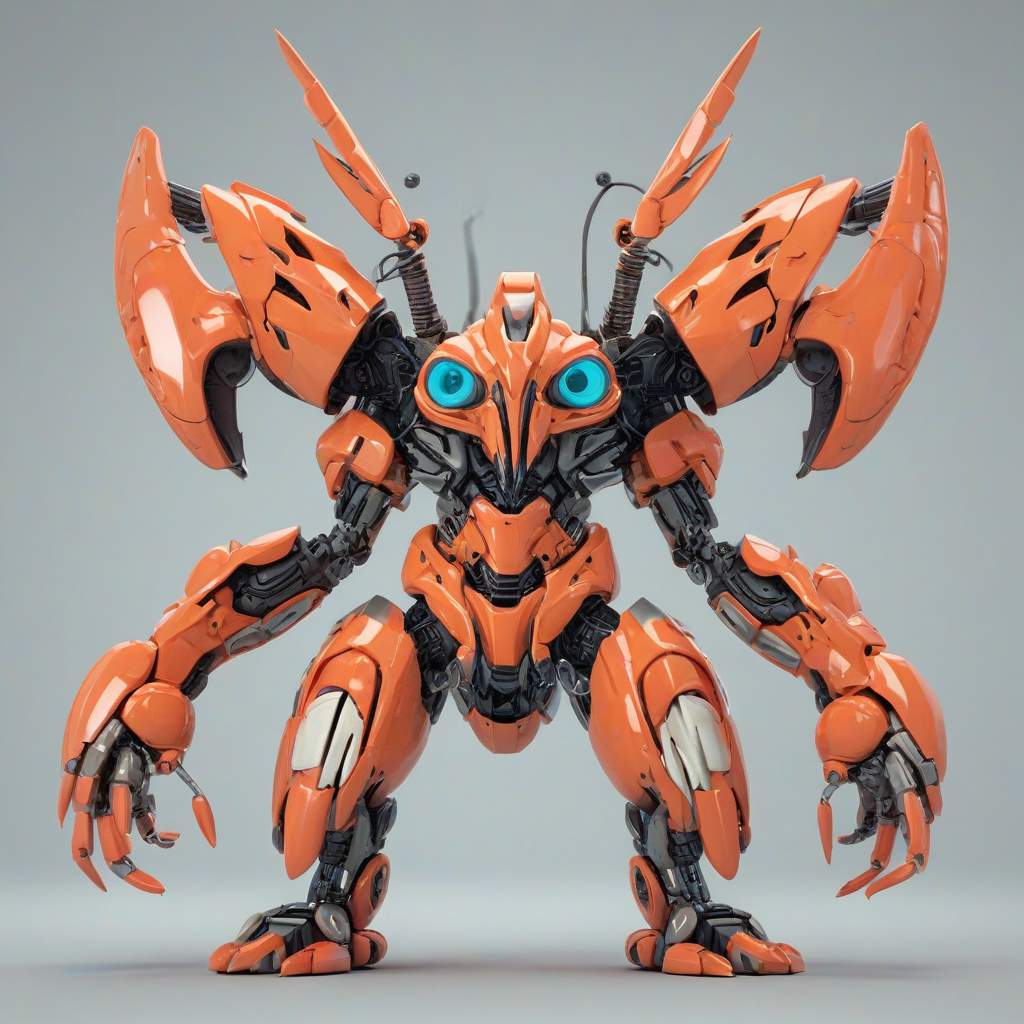 3D cartoon style, salmon colored, transformer style body with a small, stylized shrimp head on a plain white background, even lighting, cartoonish features
