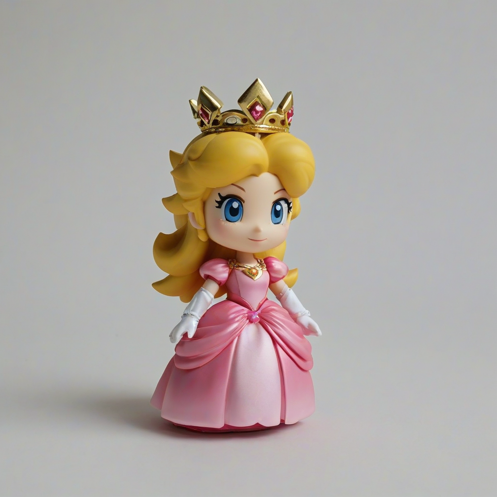 A chibi Princess Peach wearing a pink gown with a golden crown, standing on a plain white background, with a wide-angle shot, and soft, natural lighting