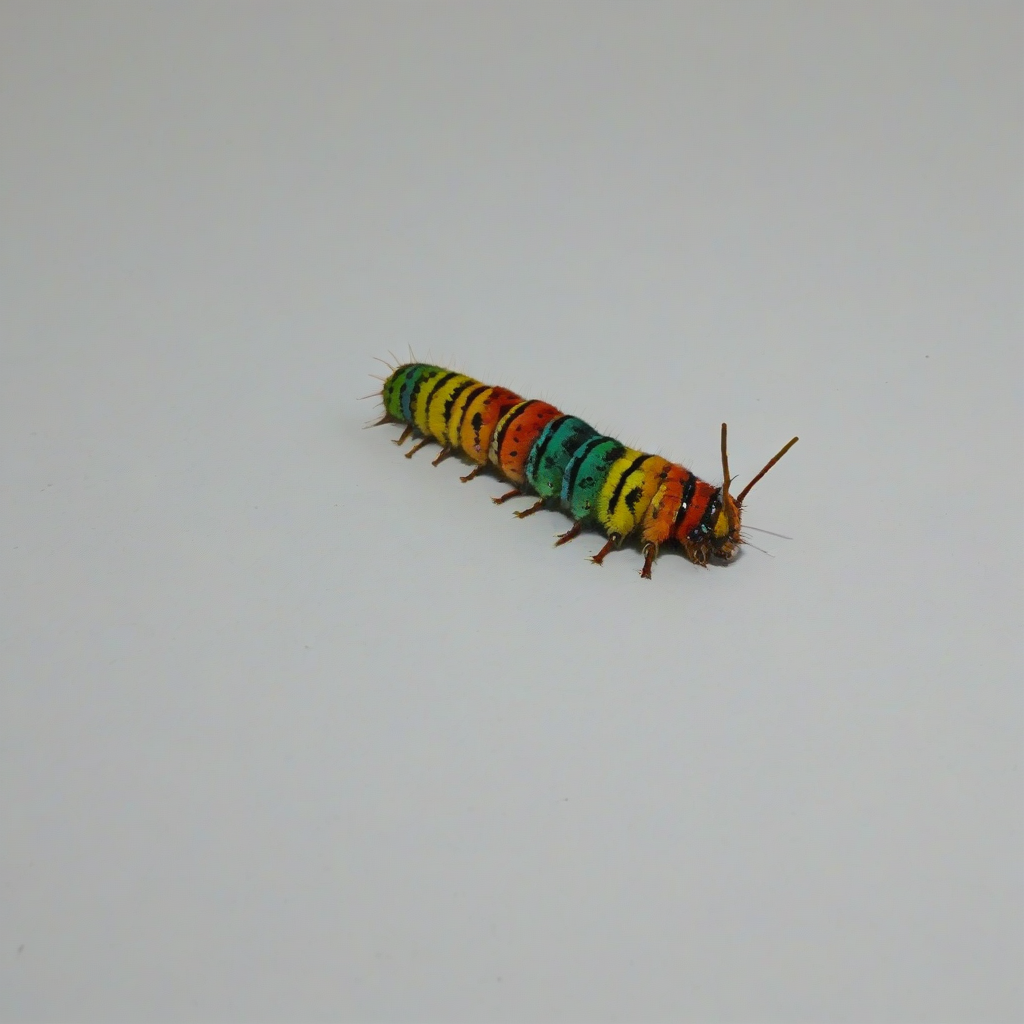 vibrantly colored caterpillar, only one caterpillar in image, wide angle shot, fully visible, on a plain white background, even lighting