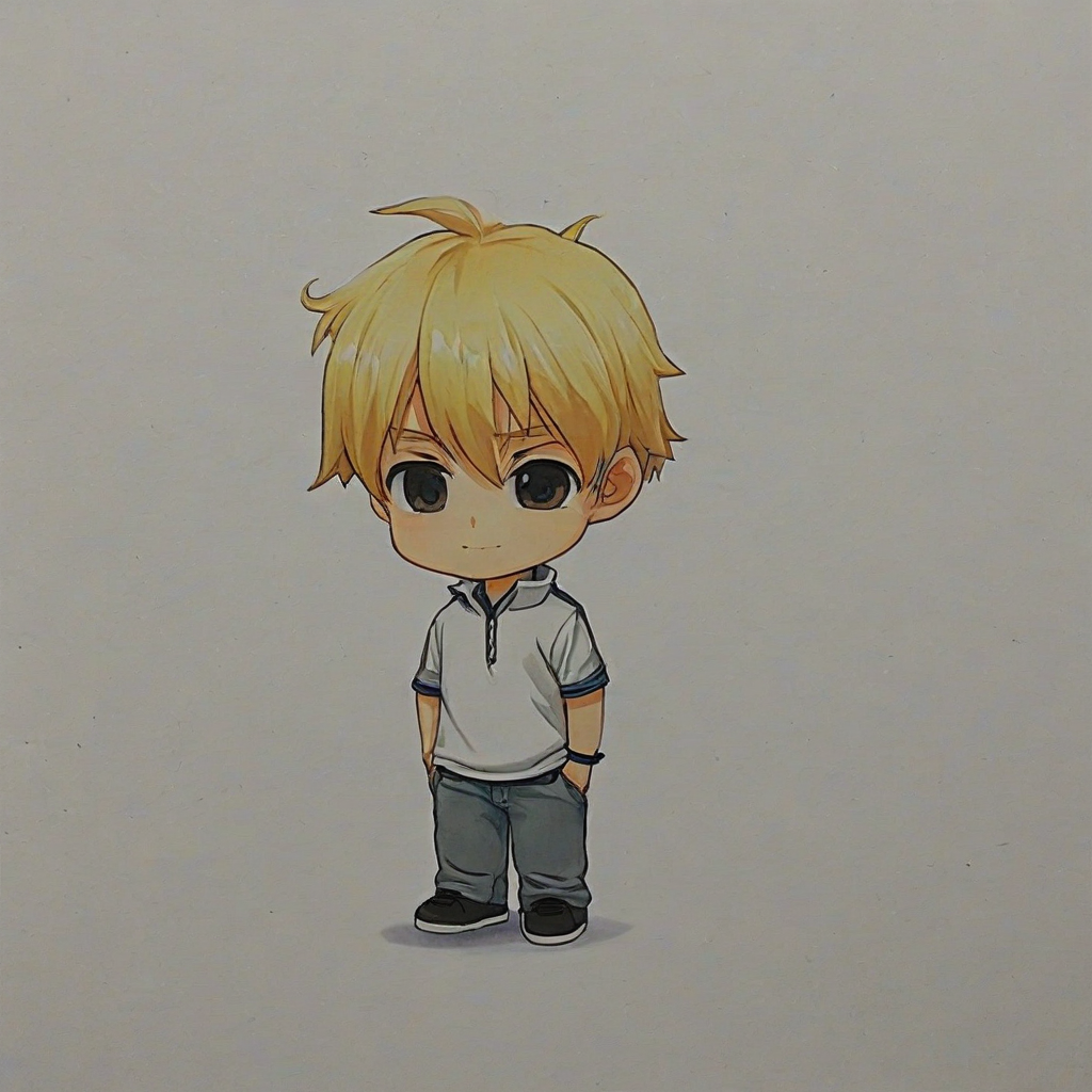 chibi anime style, boy with blonde hair, on a plain white background, even lighting