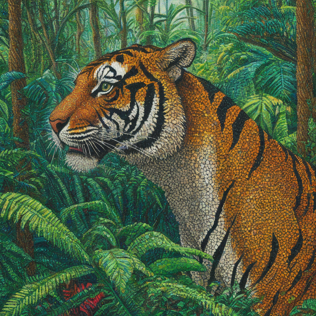 Pointillism of a tiger in a rainforest
