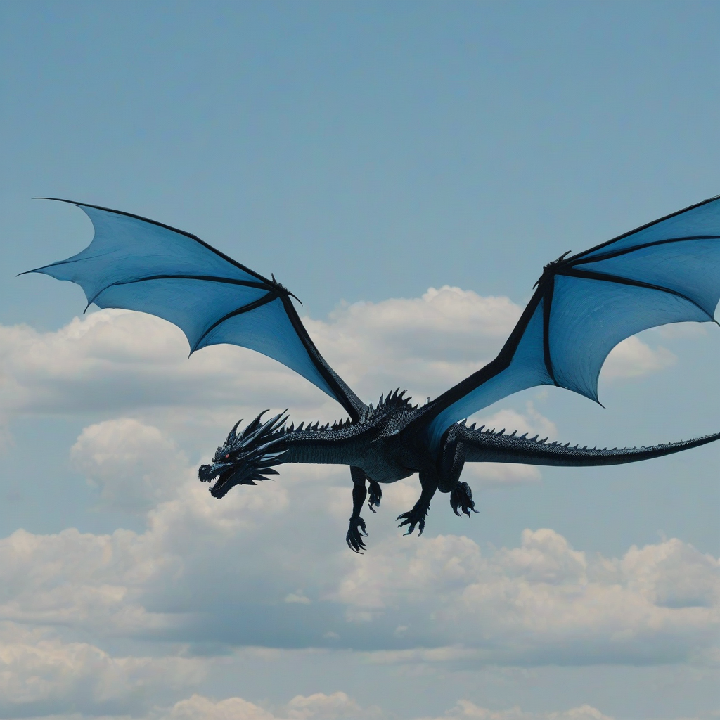 Blue and black dragon flying through the big, open blue sky with a few fluffy clouds