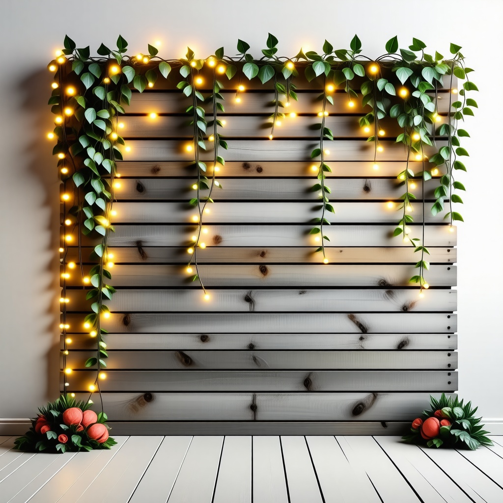 A wooden wall decorated with fake vines and fairy lights