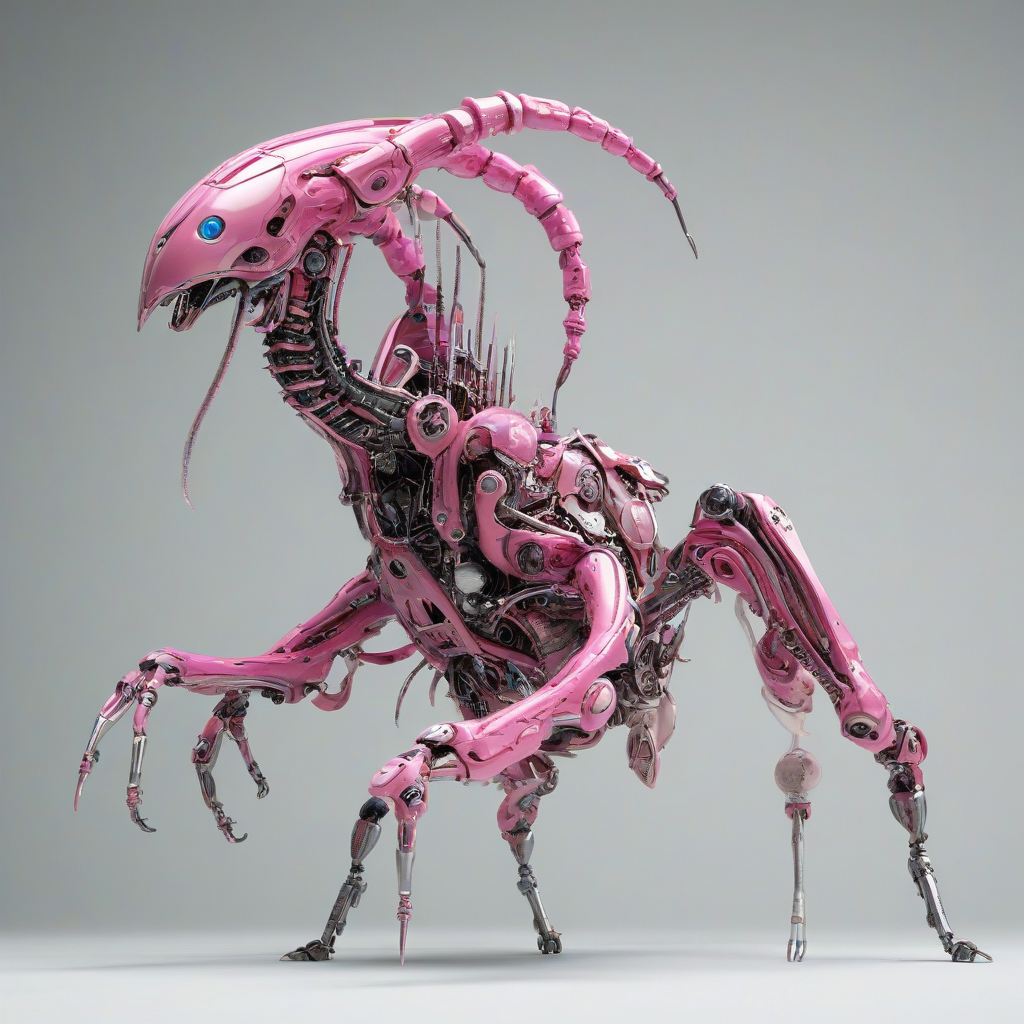 A fully detailed, pink, biomechanical creature with metallic limbs and organic tissue, in a wide shot with its feet visible, on a plain white background, with a mix of digital art and biopunk style, and dynamic shadows, on a plain white background, even lighting