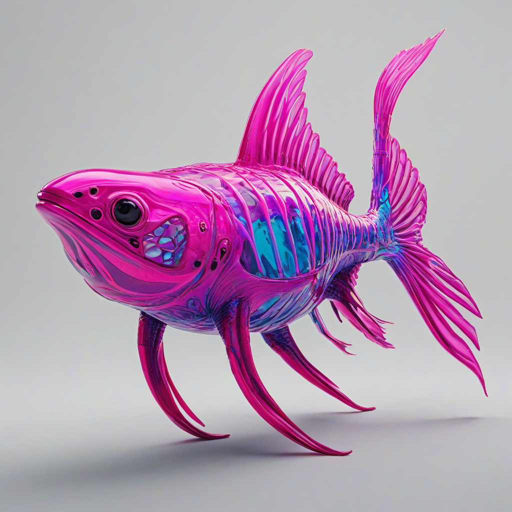 A full-body view of a vibrant, magenta-colored underwater creature, with a synthwave-inspired aesthetic, set against a plain white background, with intricate details and neon accents, in a wide shot, with the creature's entire body visible, including its tail and fins, in a dynamic pose, with subtle gradient effects and a sense of movement, as if it's swimming through the water, on a plain white background, even lighting