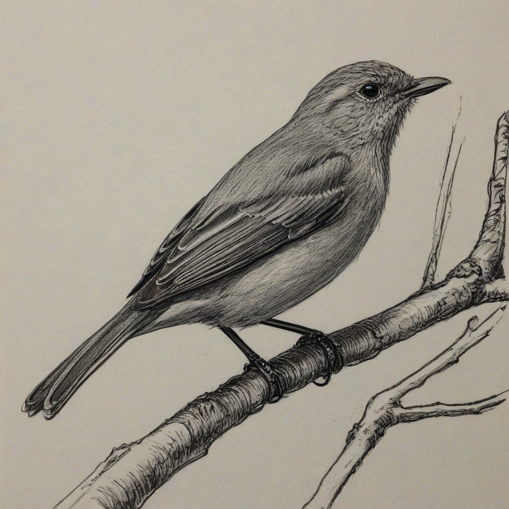 Sketch drawing of a small bird on a tree branch