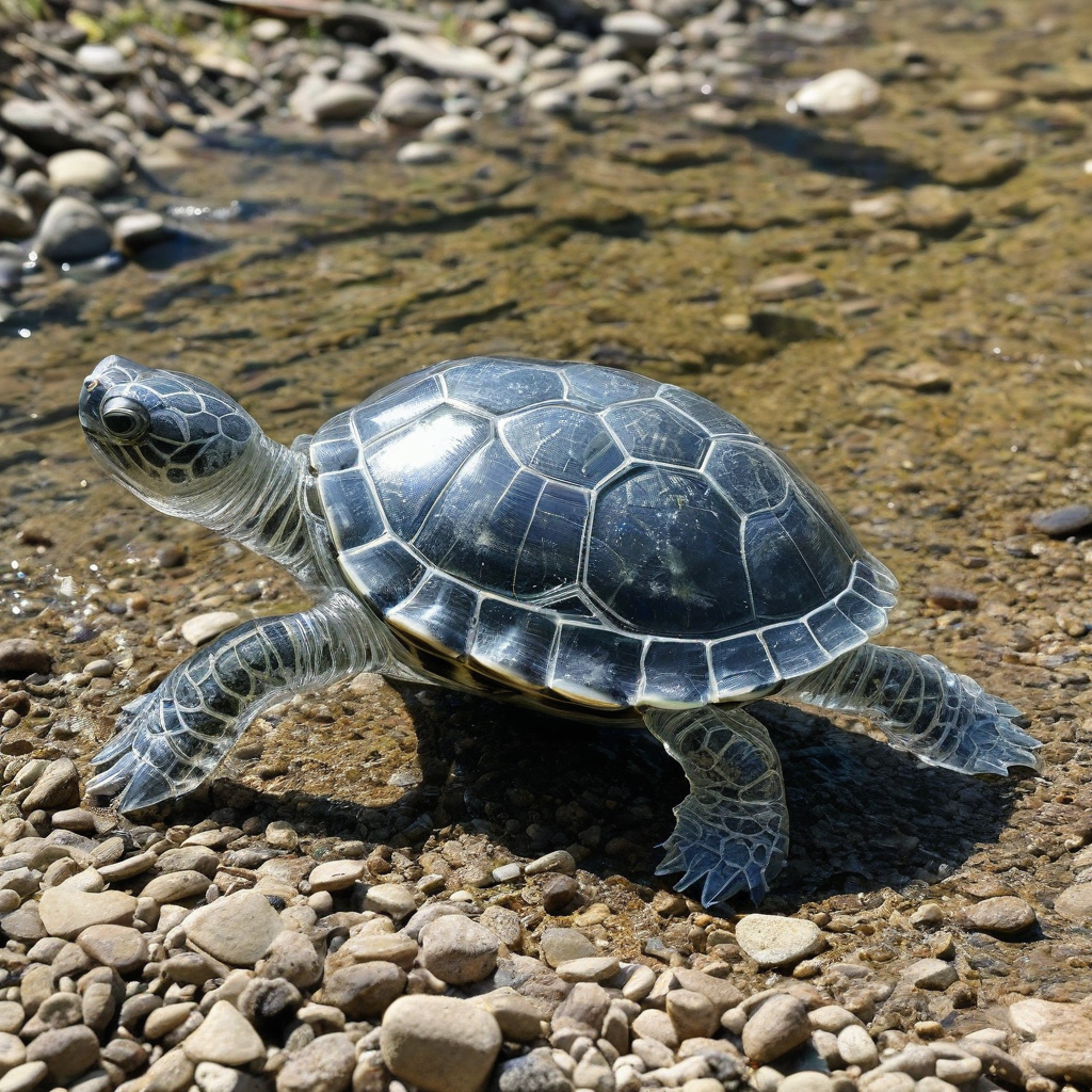 a clear glass turtle with intricate etchings showing its scutes walking on small rocks near a tiny creek on a sunny day