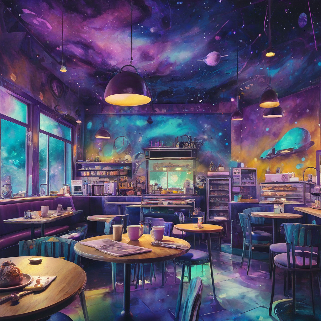 A serene, vibrant galactic coffee shop with a wide-angle shot, dynamic shadows, blending digital art and watercolor painting styles. The coffee shop features a mix of futuristic and mystical elements, with a soothing purple, blue, and touches of green and yellow hue. A steaming cup of coffee sits on a table, and a few pastries are scattered about.