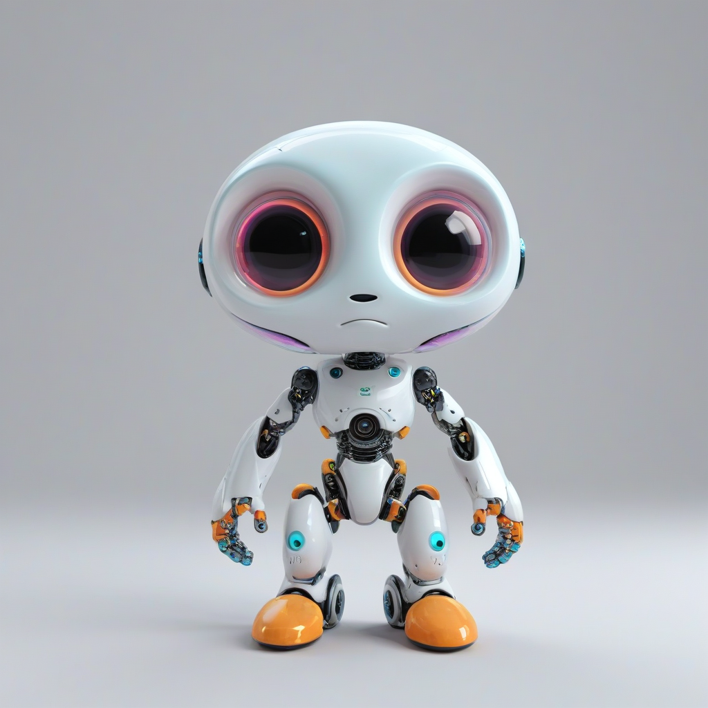 3d cartoon animation, cute baby robot alien, big eyes, rounded features, short body, tiny nose, tiny feet, vivid colors, wide angle shot, feet visible, on a plain white background, even lighting