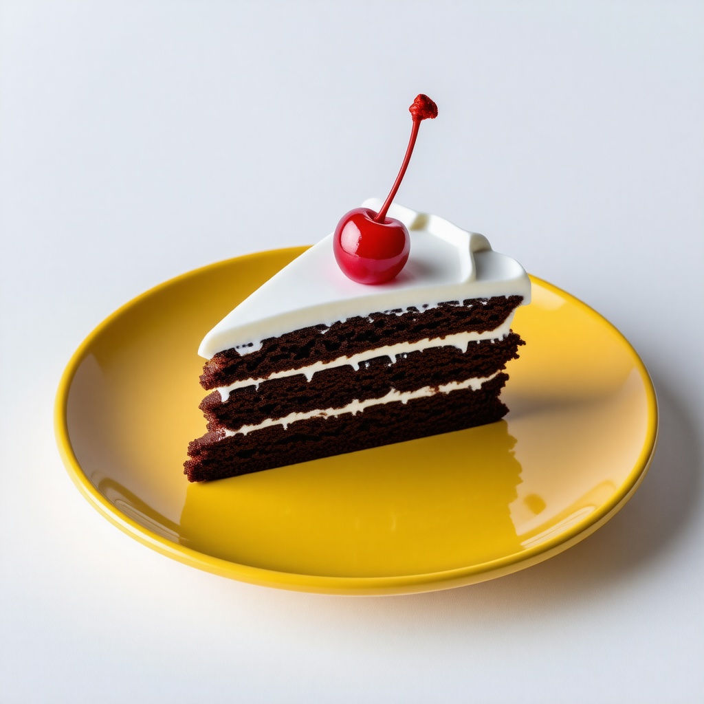 slice of chocolate cake with white icing and a cherry on top sitting on a yellow plate