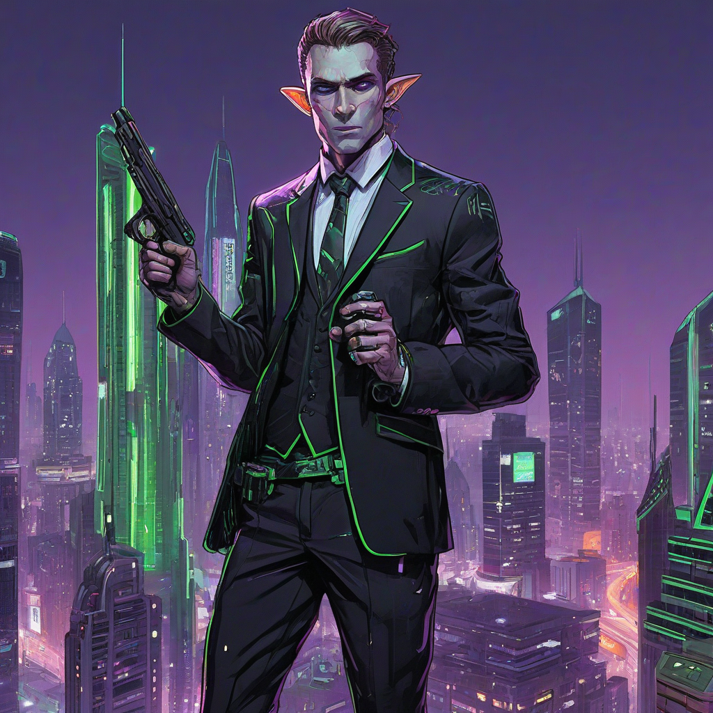 Neon Sam Guay style art of an elf man standing upright with one eyebrow raised and a neutral expression, wearing a sleek black suit with green, white, and purple neon accents on the lapels, holding a pistol in his right hand, on a plain white background, with a cyberpunk cityscape visible behind him. The city features towering skyscrapers, holographic advertisements, and neon lights. The suit is fitted to his physique.