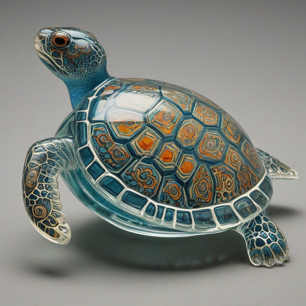 A clear glass turtle in the style of Sam Guay, with intricate patterns and minimalist colors